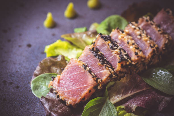 Grilled Tuna Steak with Salad and Hot Wasabi Sauce